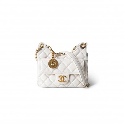 CHANEL MASTER WHITE SHINY CRUMPLED CALFSKIN HOBO BAG SMALL AGED GOLD HARDWARE AS4323 (19*17*6cm)